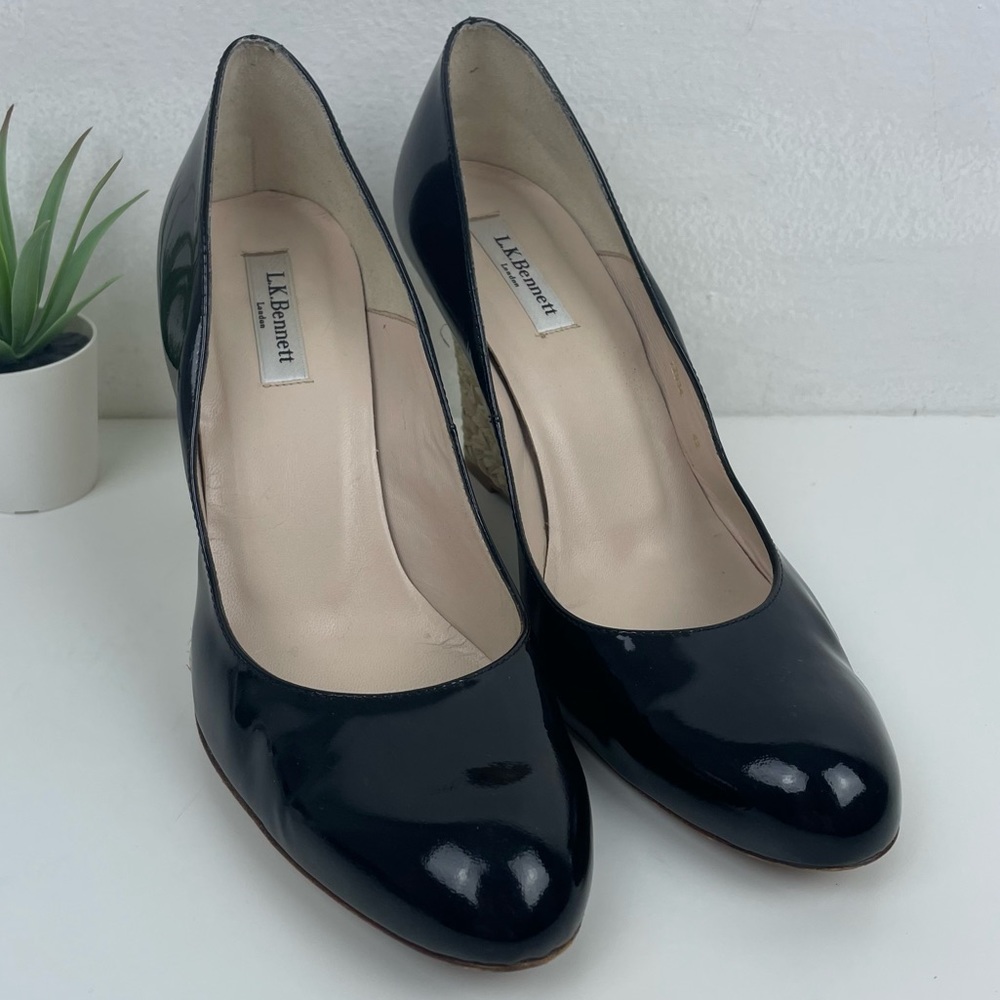 L.K. Bennett Zella Black Patent Leather Wedge Espadrilles Heels Size 42